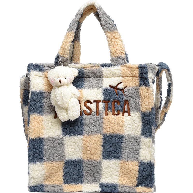 

Plush Ladies Handbag Women's Crossbody Bags Cartoon Tote Bags for Girls Fashion Plaid Female Shoulder Letter Print Ms Totes, Blue