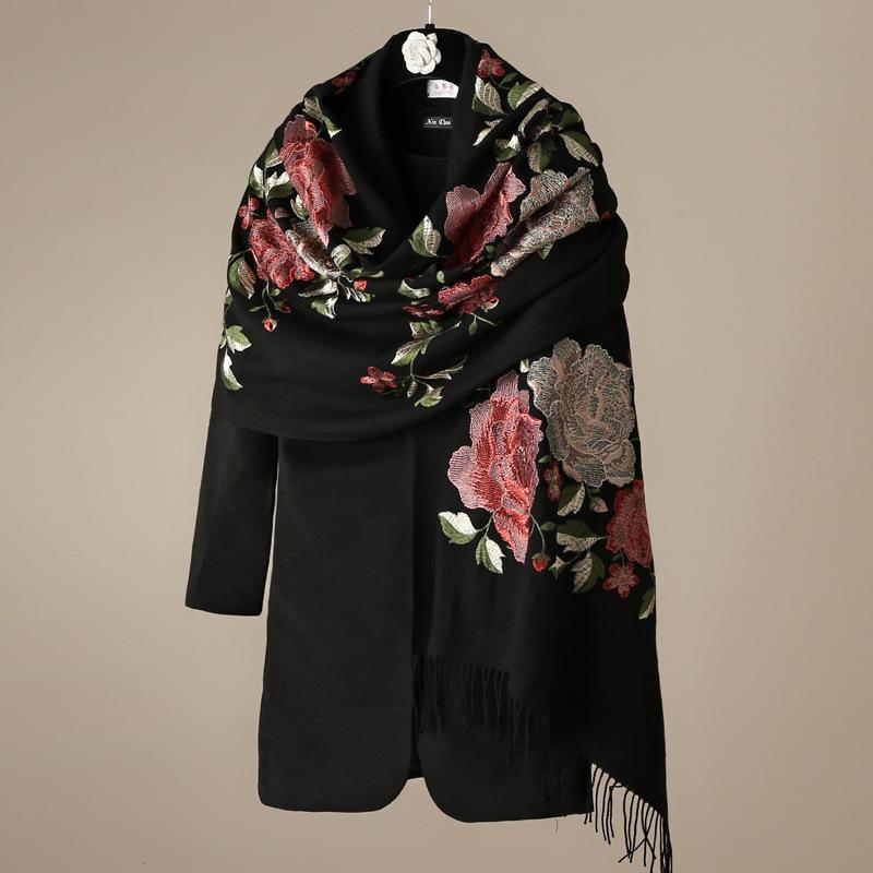 

Embroidery Peony 100% Wool Scarf Wraps Women Winter Blanket Scarves Shawl High Quality 240g 190x60cm