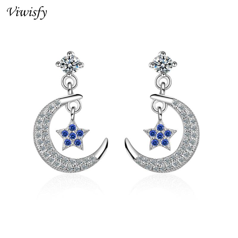 

Viwisfy Moon Star Crystal Real 925 Sterling Silver Earrings Stud For Women VW21065
