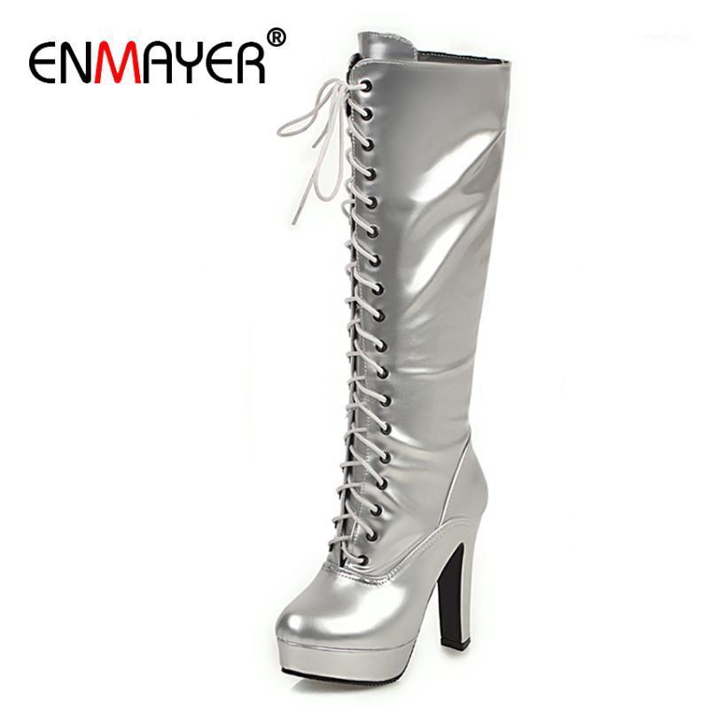 

ENMAYER Cross-tied Knee-High Long Boots Round Toe Square Heel PU Zip Basic Winter Shoes Women Silver Gold Super High Short Plush1, Black