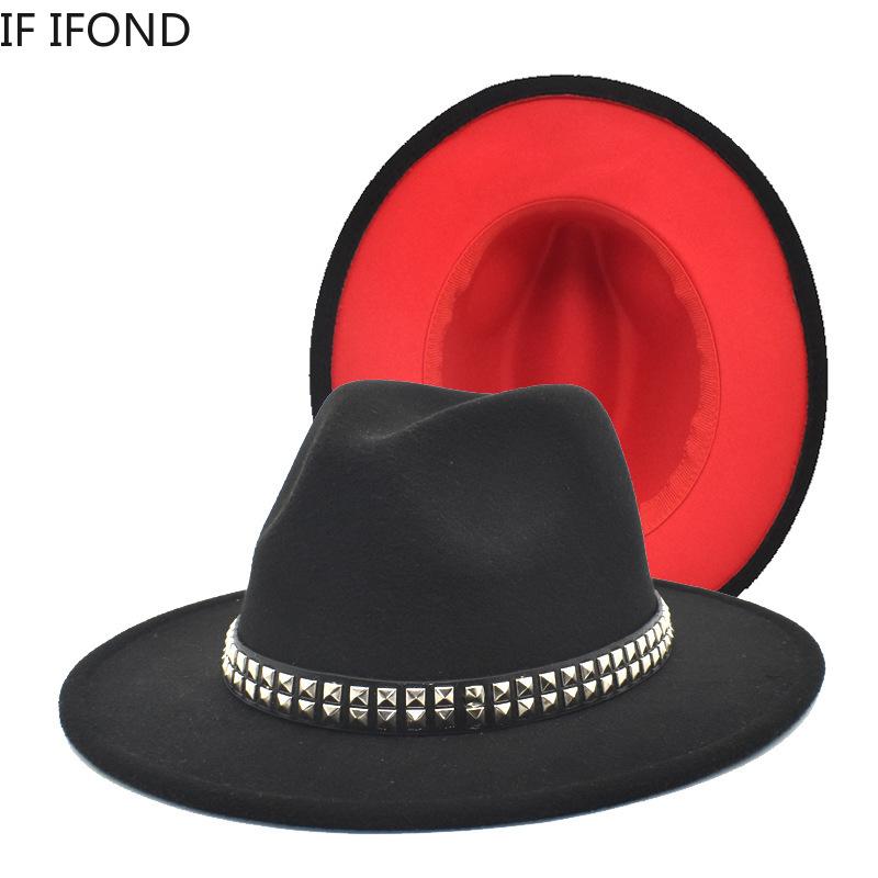 

Street Fashion Wide Brim Simple Top Hat Panama Wool Jazz Fedoras Hat black red Patchwork Men Women Formal Party Cap, 14