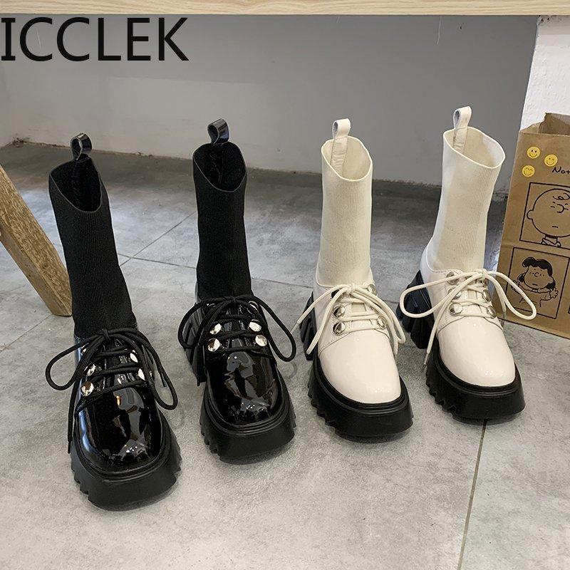 

2020 Women Army Boots Ladies Motorcycle Boots Casual Black Sock Platform Shoes Ankle Female Non Slip Waterproof Fashion