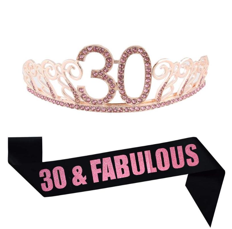

Pink 21/30/40th Birthday Gold Tiara and Fabulous Glitter Satin Sash Happy 30th Birthday Party Supplies for 30 Party