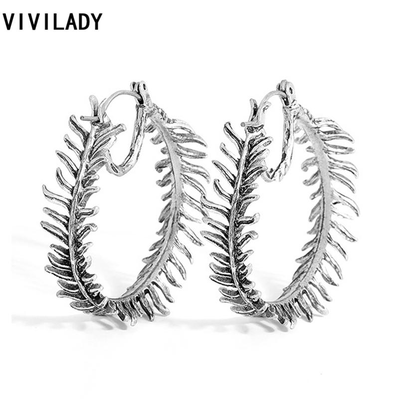 

VIVILADY Vintage Gold Silver Color Leaf Round Hoop Earrings Femme Brincos Zinc Alloy Hollow Out Trendy Boho Party Jewelry Gifts