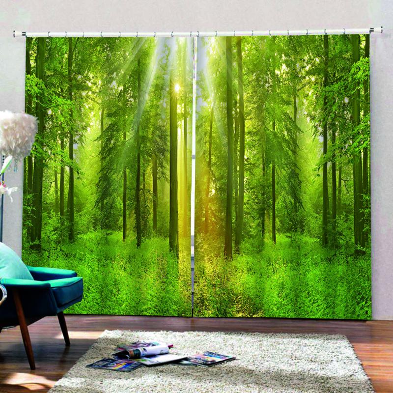 

Fashion Custom any size 3D Green Forest Sunrise Sunset window Curtain 3d Scenery Forest For Bedroom Living Room Blackout Curtain, As pic