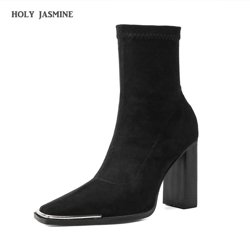 

Stretch Flock Boots Women Sock Ankle Boot Female Square Toe Thick Heels Shoes Ladies Fashion Suede Boots Spring Autumn 2020 NEW, Black