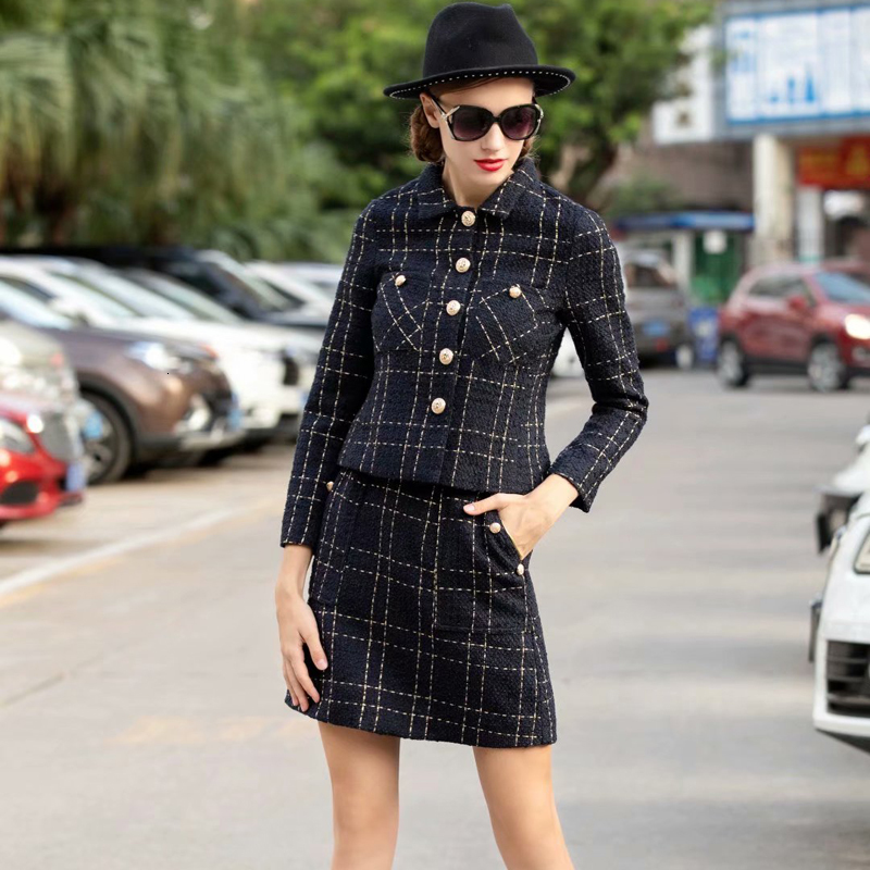 

2021 New Autumn Plaid Pocket Long Sleeve Temper Thin Jacket Feminine Skirt Two High Quality Fashion Pieces Tm59, Navy blue.