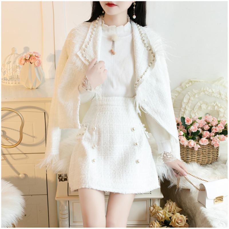 

Women' Tracksuits 2021 Autumn Women Wool Tweed 2 Piece Set Female Chic Pearl Beading Feather Long Sleeves Jacket Coat+A-line Mini Skirt Sui, Picture color