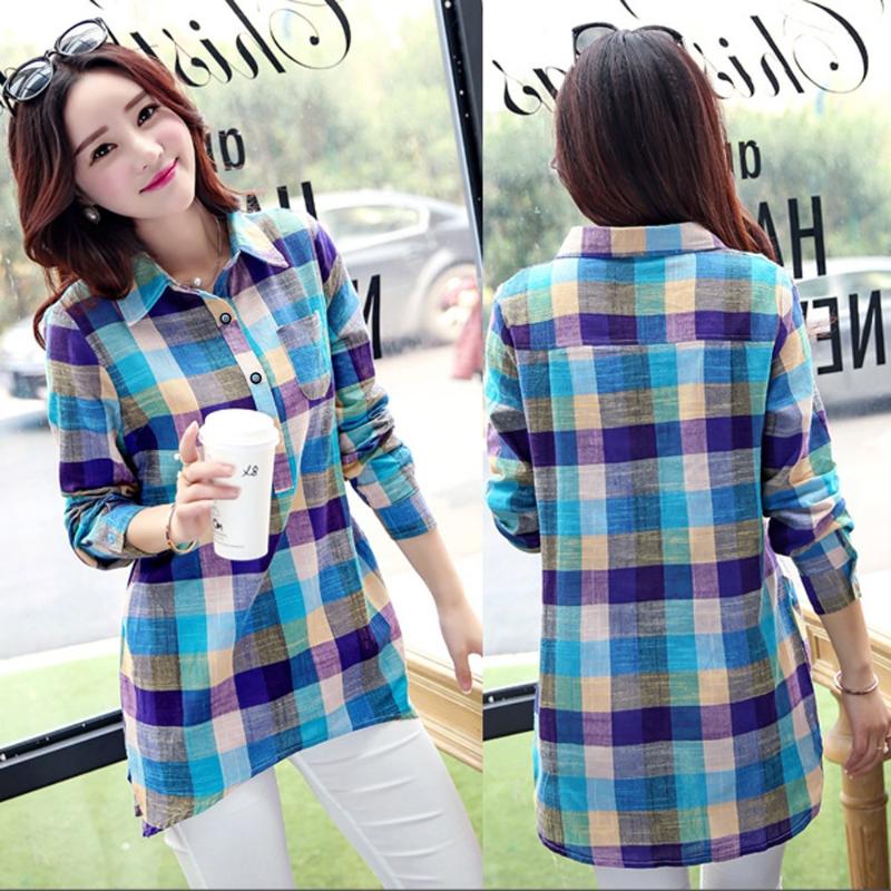 

Korean Women Plaid Blouse Long Sleeve Fall 2021 Collared Shirt Blusas Para Mujer Plus Size Clothing Drop Shipping, Blue