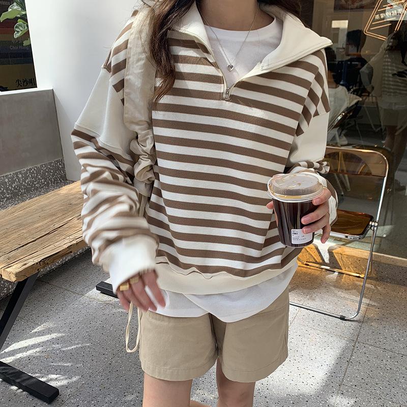 

Navy Collar Contrast Color Stitching Striped Fashion Sweater Women's Fall 2020 Academic Loose Printing Leisure Long Sleeves Top, Khaki