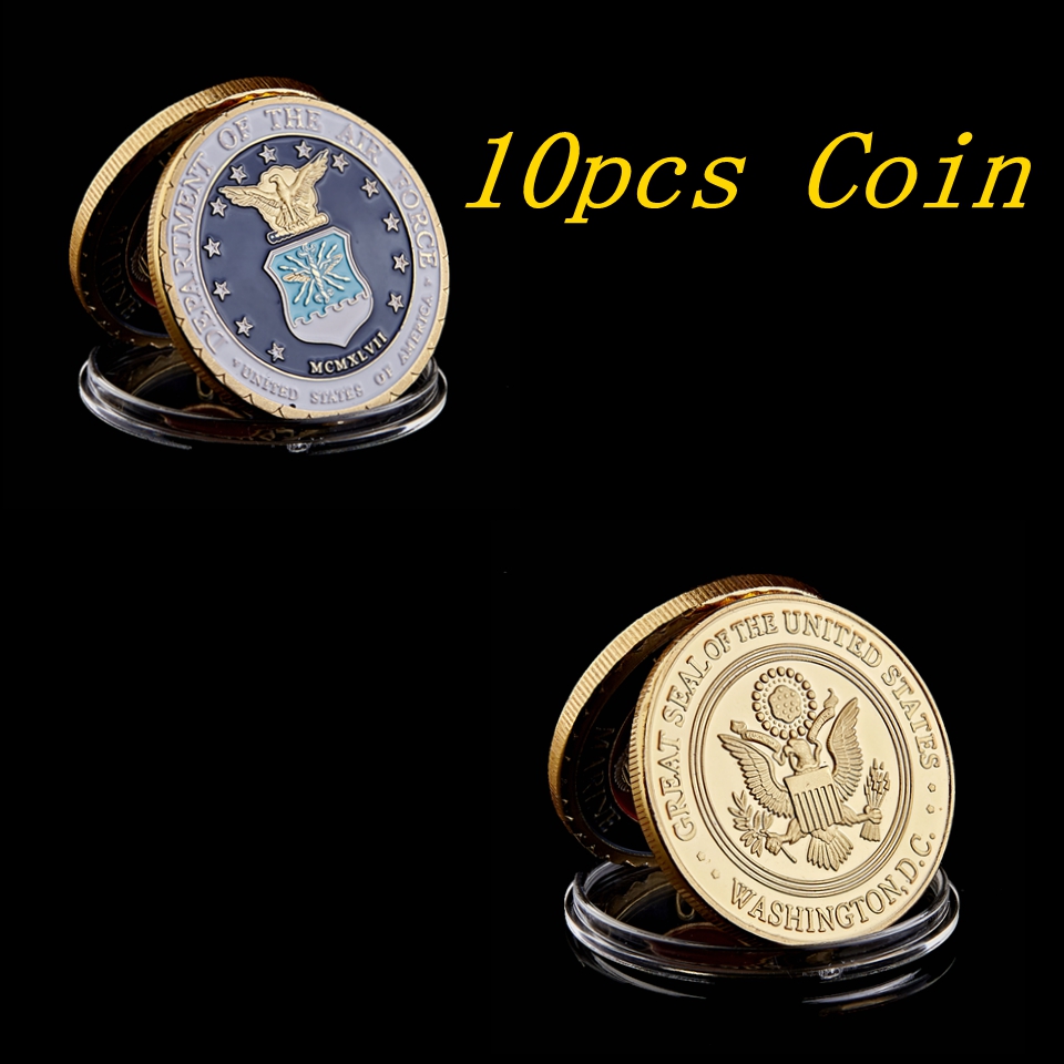 10pcs America Gold Plated Coins Craft Department Of The Air Force Military Challenge Coin With Capsule-image-592675672