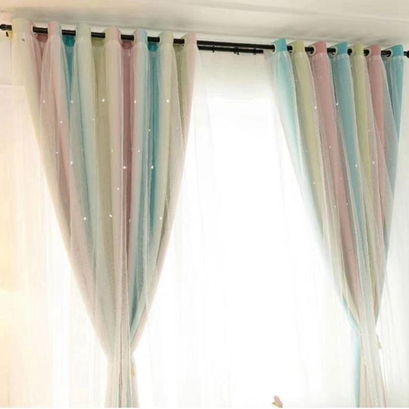 

Openwork Stars Blackout Curtains Bedroom Kitchen Sheer Curtains Double Layer Of Cloth Modern For Living Room, Pink