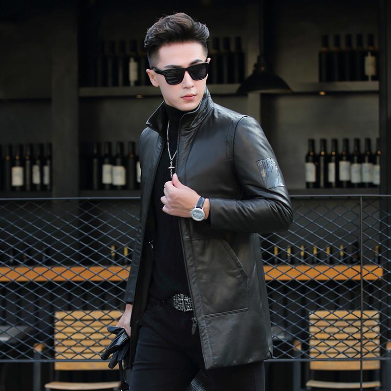 

Goatskin Down Winter Genuine Leather Jacket Men Clothes Long Coat Slim Blouson Cuir Homme ML-DAF17910 KJ1194, Black