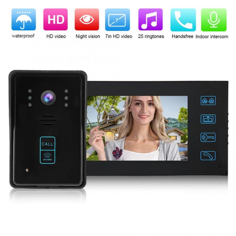 

7in Wired Video Doorphone Password Card Remote Control Access System 100-240V Night Doorbell Wired Video Doorphone