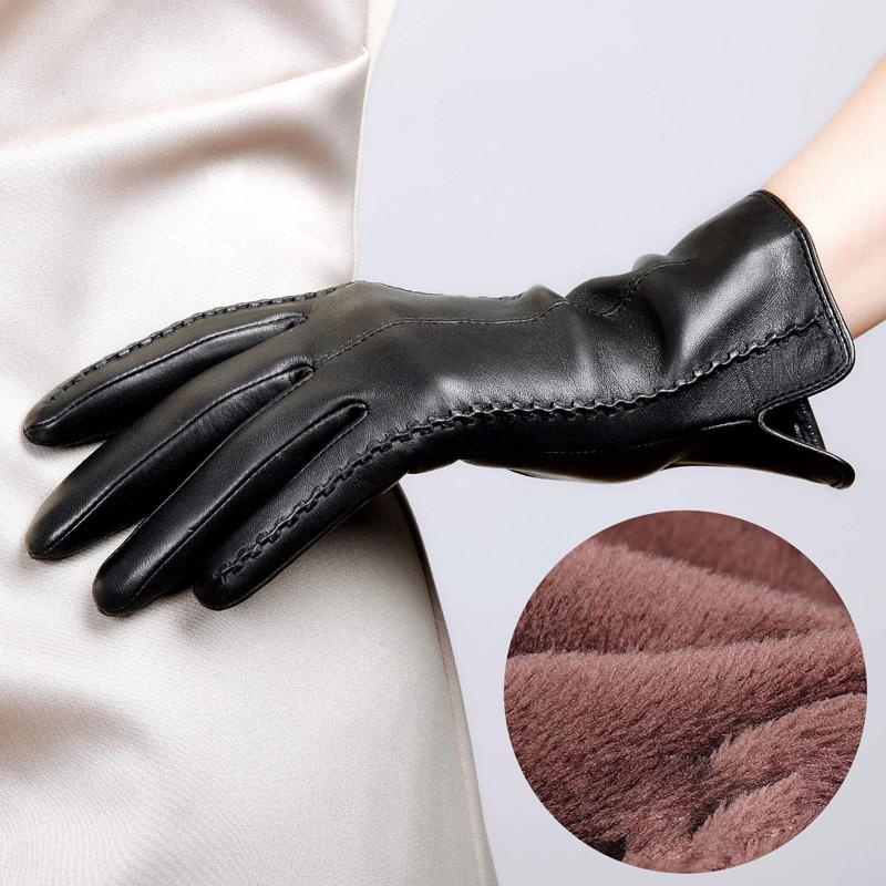 

Female Genuine Sheepskin Plus Velvet Warm Winter Autumn Women Leather Gloves Driving Touch Screen Gloves Mittens Free Shipping