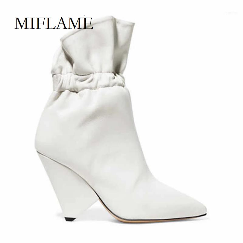 

2021Fashion Women's Shoes Winter Classics Special-Shaped Heels Pointed Toe Ankle Boots Muje Concise Mature Pleated Catwalk Boots1, White