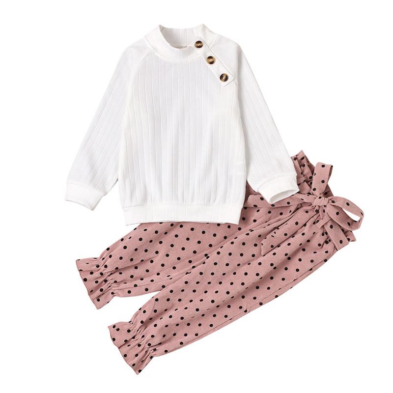 

2021 New Spring Autumn Children Clothes Sets Girl Two-piece Solid Color long Sleeve Pullover Girl Polka-dot Trousers With Belt, As picture