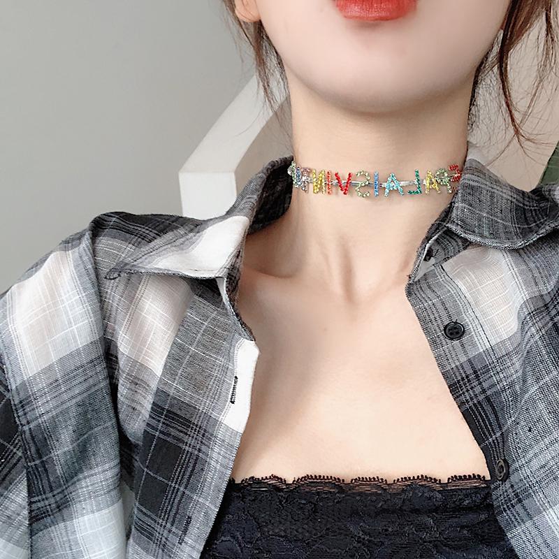 

Wholesale Bling Bling Crystals Colored Zircon Letter Choker Trend Niche Design Necklace Women Luxury Party Daily Jewelry
