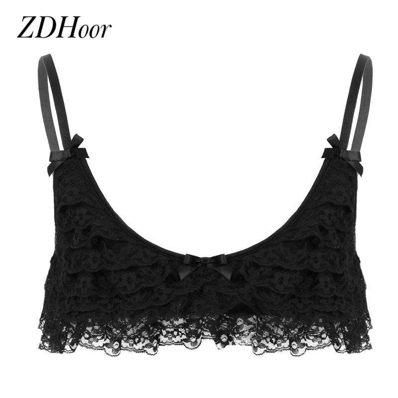 

Mens Sissy Bra Tops Nightwear Sexy Backless Lingerie Adjustable Shoulder Straps Frilly Ruffled Layered Lace Front Camisole Bras, Black