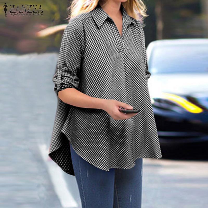 

ZANZEA Women's Blouse 2020 Autumn Ladies Lapel Neck Plaid Check Shirt Cotton Linen Tunic Tops Blusas Chemiser Mujer Plus Size, Black