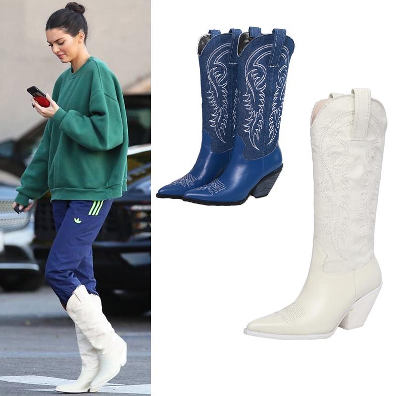 

Fashion Cowboy Boots Slip-on Pointed Toe Western Boots Chunky Heel Vintage Embroider Fashion Botas Mujer 2020 Winter Shoes Women, Blue