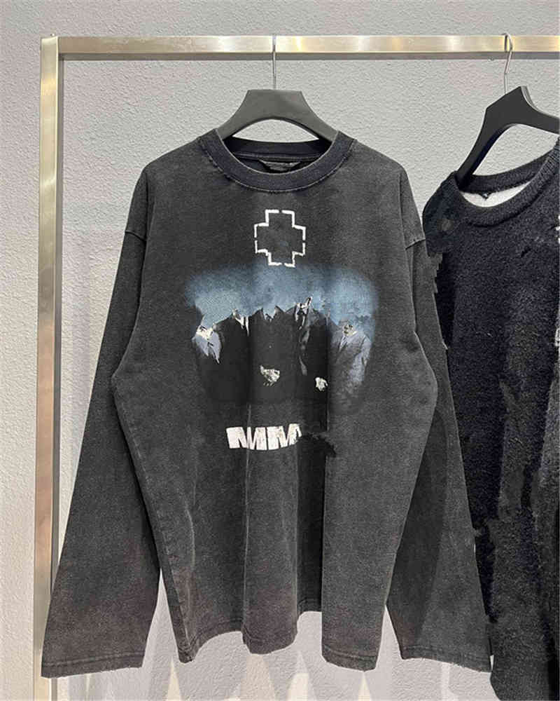 

Men's Hoodies & Sweatshirts High version 22ss spring German chariot Kangli digital printing washing old round neck long sleeve t-shirt tee VNHX, Black