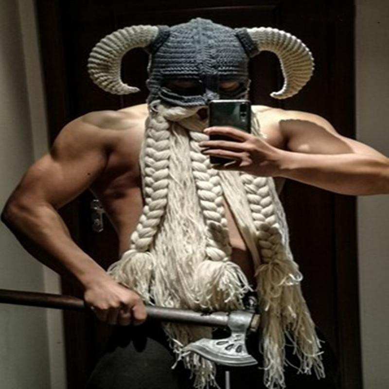 

European And American Winter Warm Curved Ox Horn Beard Hat For Men And Women Wacky Personality Hip-hop Vikings, As picture
