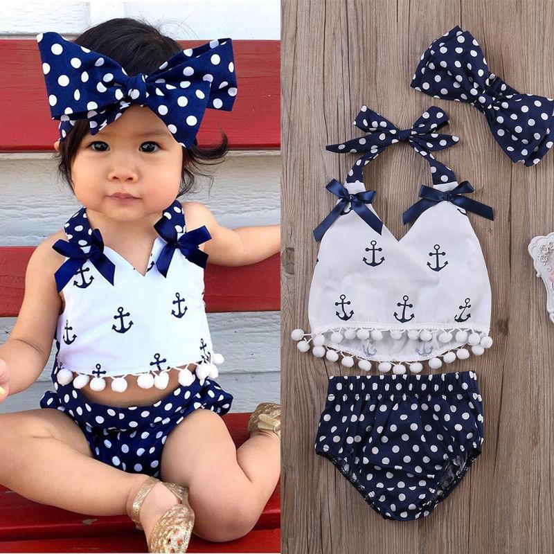 

Toddler Infant Baby Girls Clothes Anchors Tops Shirt Polka Dot Briefs Head Band 3pcs Outfits Set, Blue