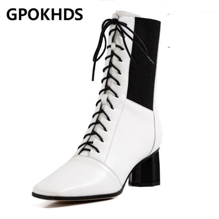 

GPOKHDS 2021 women soft ankle boots cow leather zippers boots winter short plush square toe high heels women1, Black