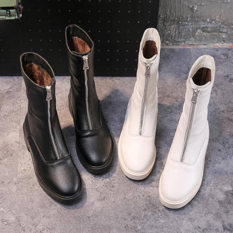 

2020 Winter Women Shoes Mid-Calf Boots PU Leather Zipper Black White Wastern Square Heel Thick Sole Platform Women Boots, Kw-10-black fur