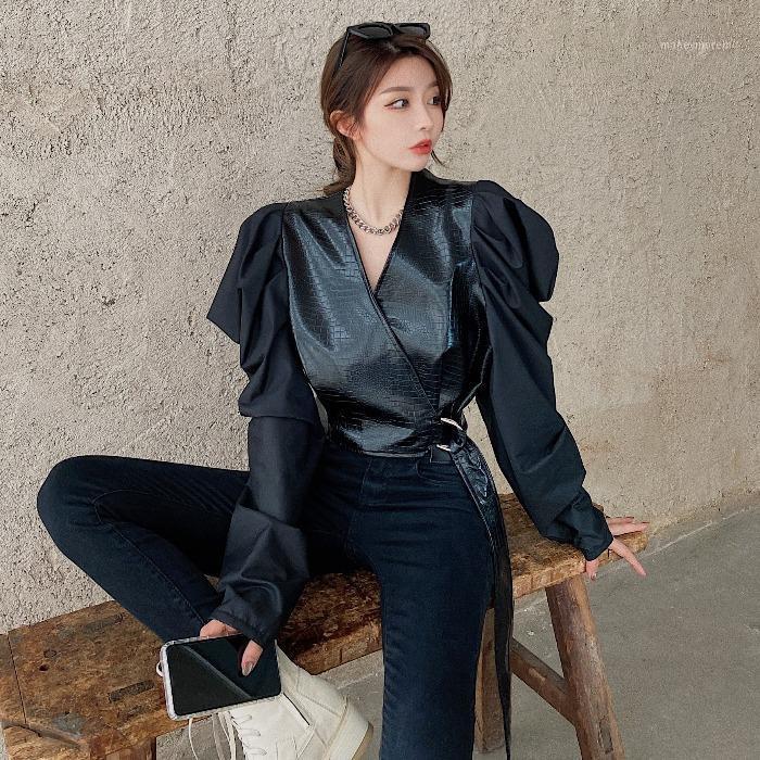 

Puff Sleeve Women's Elegant faux leather fashion blouses Tops ladies sexy Hot shirts1, Black