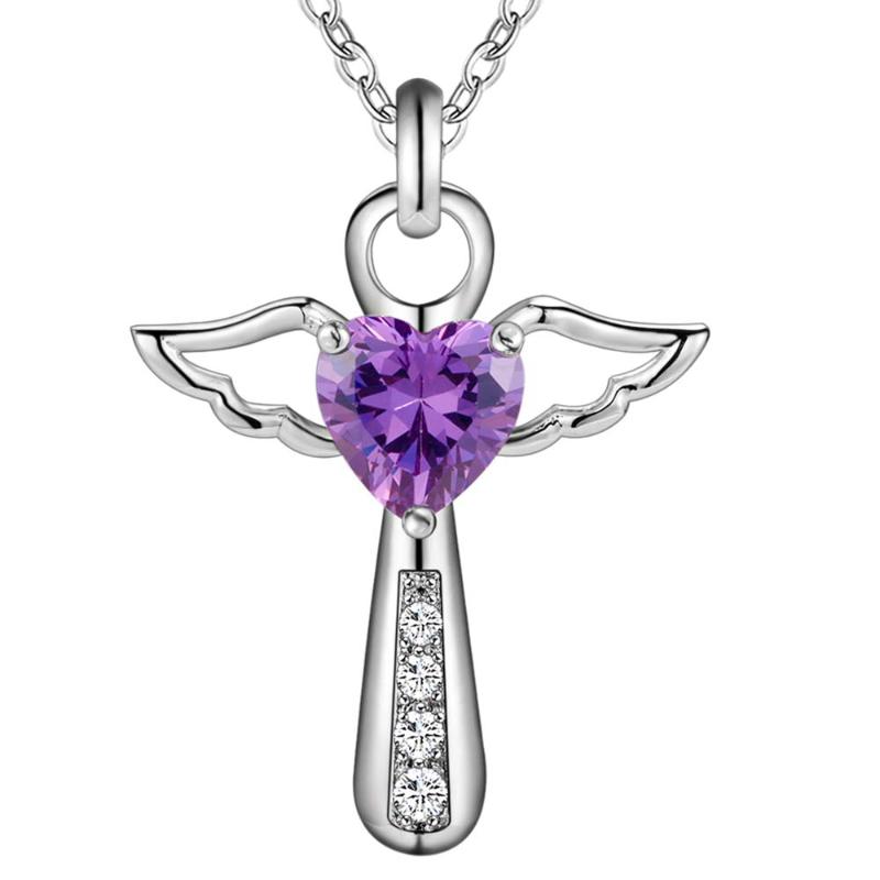 

Hot Fashion Love Heart Angel Wing Purple/White CZ Stamped Silver Plated Jesus Cross Pendant Necklace Austria Crystal Jewelry