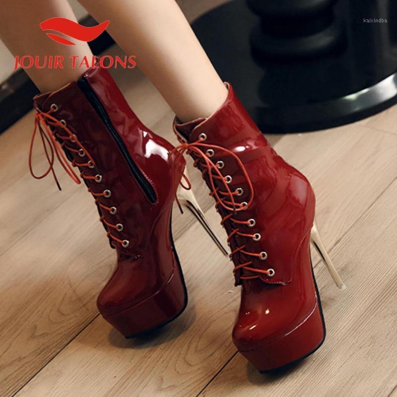 

JOUIR TALONS Hot Sale Big Size 40 women shoes Thin High Heels Cross-tied Platform Round Toe Zipper Solid Autumn Ankle Boots1, Black