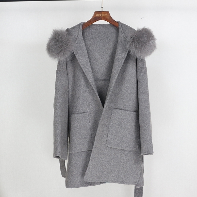 

OFTBUY 2020 Real Fur Coat Winter Jacket Women Loose Natural Fox Fur Collar Cashmere Wool Blends Outerwear Streetwear Oversize 201124, Black