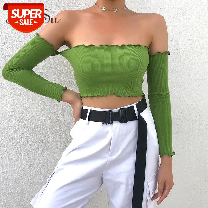 

ArtSu Green Long Sleeve Crop Top Womens Tshirts Casual Off Shoulder Top White Black basic tshirt Sexy Tee Streetwear ASTS21116 #nG7I