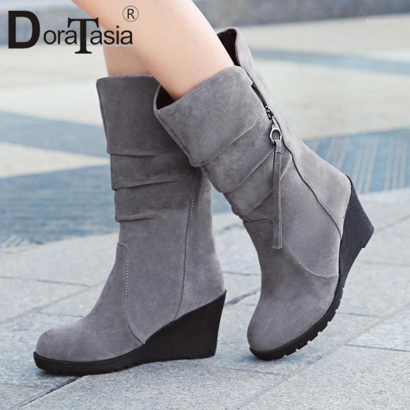 

DORATASIA Big Size 34-44 Ladies Wedges High Heels Boots Fashion Zip Platform Concise Boots Women 2020 Flock Pleated Shoes Woman1, Army green