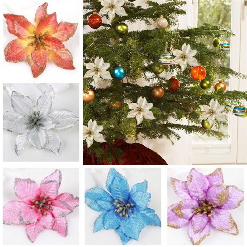

6 x Artificial Fabric Flower Glitter Christmas Xmas Tree Decoration Wedding Party Decor Plastic Fake Flowers Home Decoration