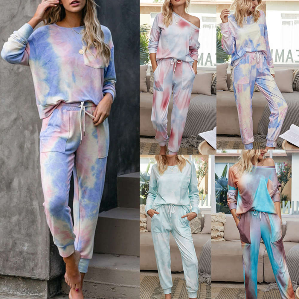 

Women's autumn winter 2020 gradual change pajamas tie dye long sleeve trousers two piece suit for home wear, White