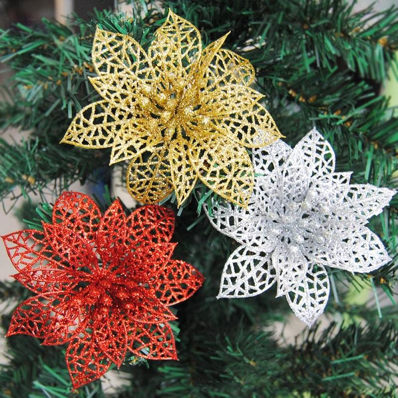 

10pcs Artificial Hollow Flowers Beautiful Ornament Hanging on The Christmas Tree Wedding Christmas Valentine's Day Decorations