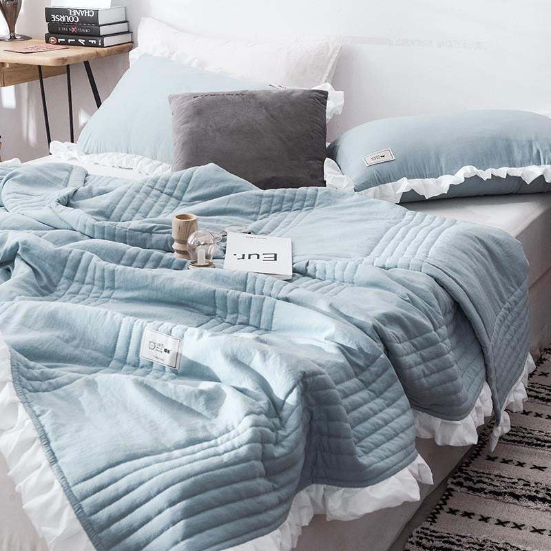 

Fashion Solid Color Summer Quilt Stitching Lotus Leaf Edge Nap Blanket Washable Cotton Home Simple Plain Air Conditioning Quilt1, Blue