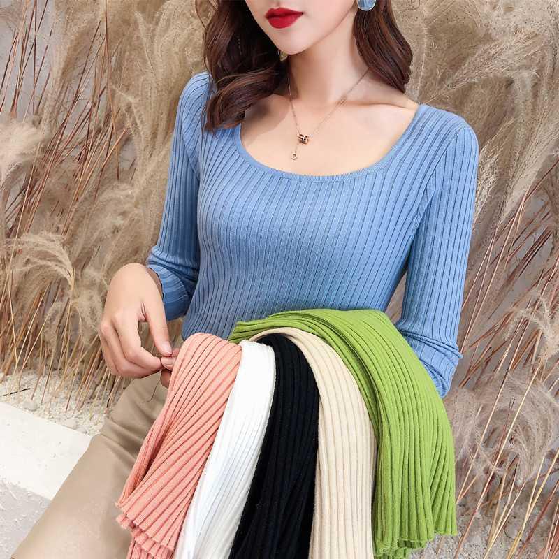 

Lucyever Soft Women Pullover Sweater Autumn Long Sleeve Square Collar Knitted Korean Slim Elastic Jumper Casual Winter Basic Top, White
