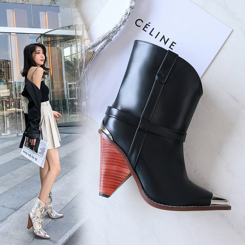 

2021 Women's Boots Natural 22-27cm Metal Pointed to the Top Cap and Printed Lining Snake-affiliated Sexy Heels ONCV, Black