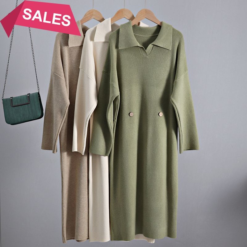 

2021 New Oversized Autumn Winter Women Turn-down Collar Button Defined Waist Sweater Dresses Thick Warm Pullover Midi Dress Ioa5, Khaqi