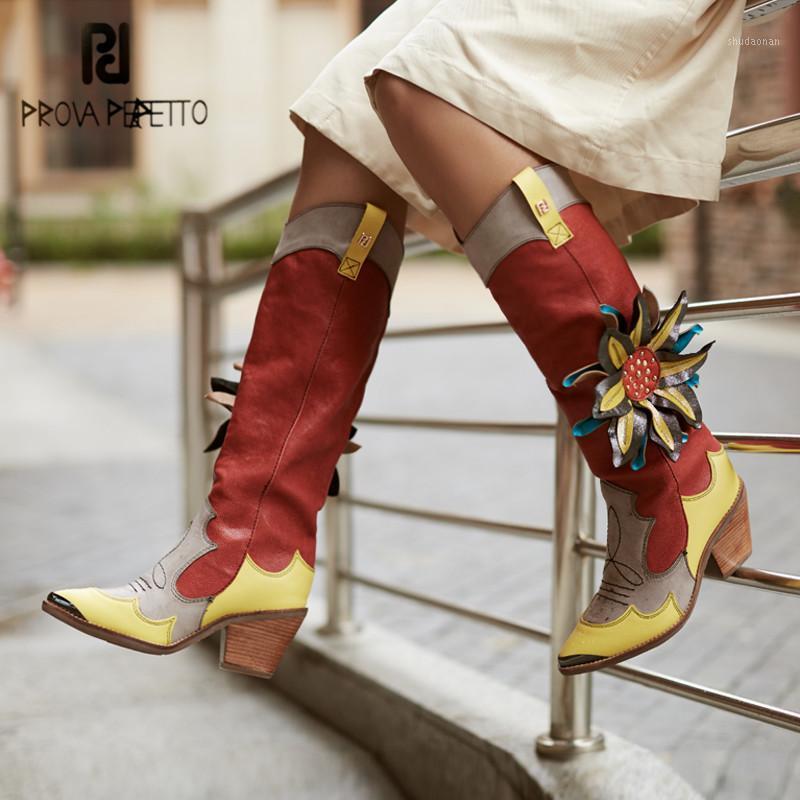 

Prova Perfetto Hand-made Genuine Leather Women's Thigh High Boots Flower Mixed Colors Pointed Toe High Heels Thick Bottom Boots1, Black