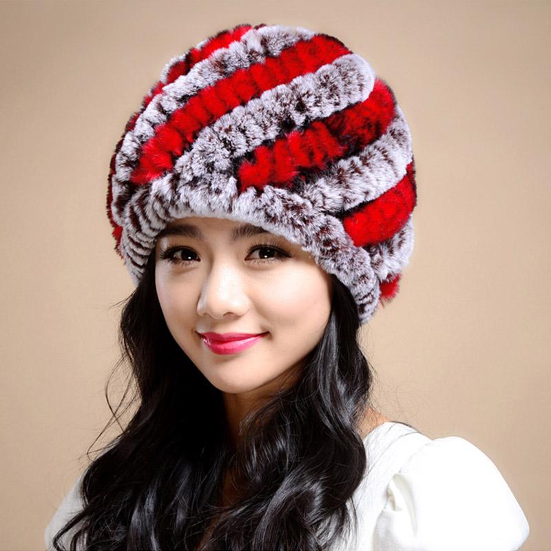 

Women100% Genuine Knitted Rex Fur Hat New Casual Style Thread Headgear Winter Best Fashion Furs Girls True Fur Hats, 06