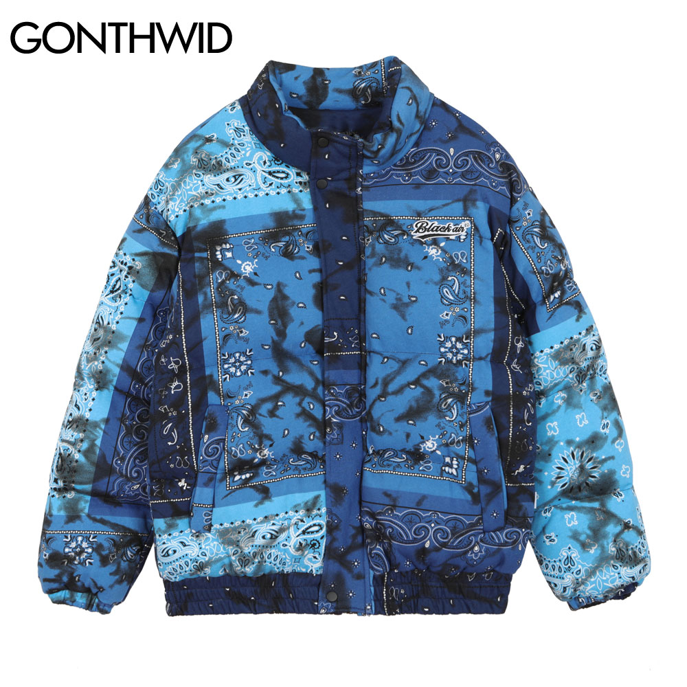 

Cotton Padded Parkas Jackets Streetwear Hip Hop Bandana Paisley Pattern Full Zip Thick Tie Dye Coats Harajuku Outwear, Blue