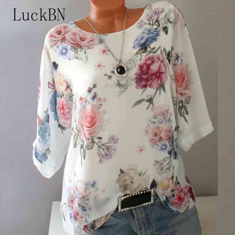 

Summer Floral Print Women Blouse 5xl Plus Size Chiffon Blouses Half Sleeve Beach Shirt Office Work Shirts Blusas Feminina Tops, White