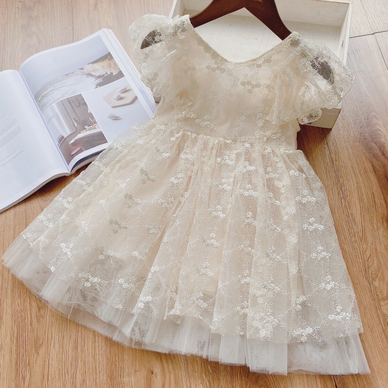 

2021 New Princess Girl Embroidery Party Birthday Lace Baptism Wedding Es for 2-9y Kids Clothes Wzqi, Beige
