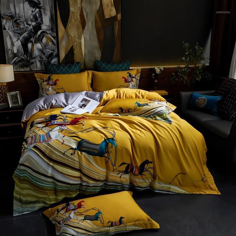 

Luxury Yellow Running Horses Digital Printing100S Egyptian Cotton Duvet Cover Bed Linen Fitted Sheet Pillowcases Bedclothes1