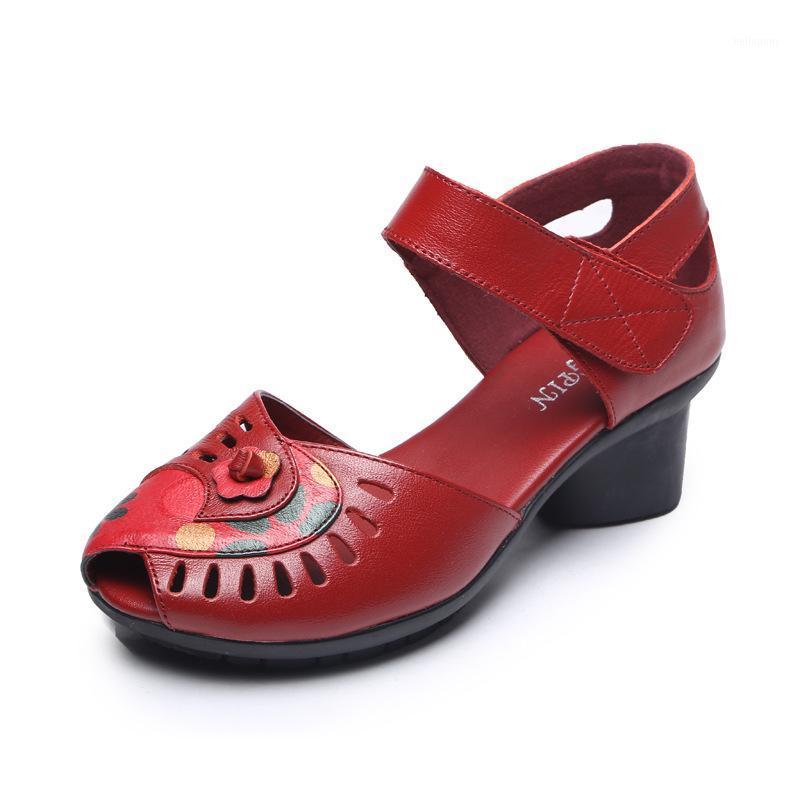 

Genuine Leather Nationality Wind Sandals Summer 2020 Floral Mother's Shoes Roman Fish Mouth Genuine Leather Women's Sandals1, Black